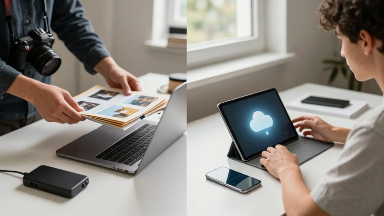 Pantalla dividida que muestra a un fotógrafo organizando archivos en un portátil y a un estudiante usando una tableta.