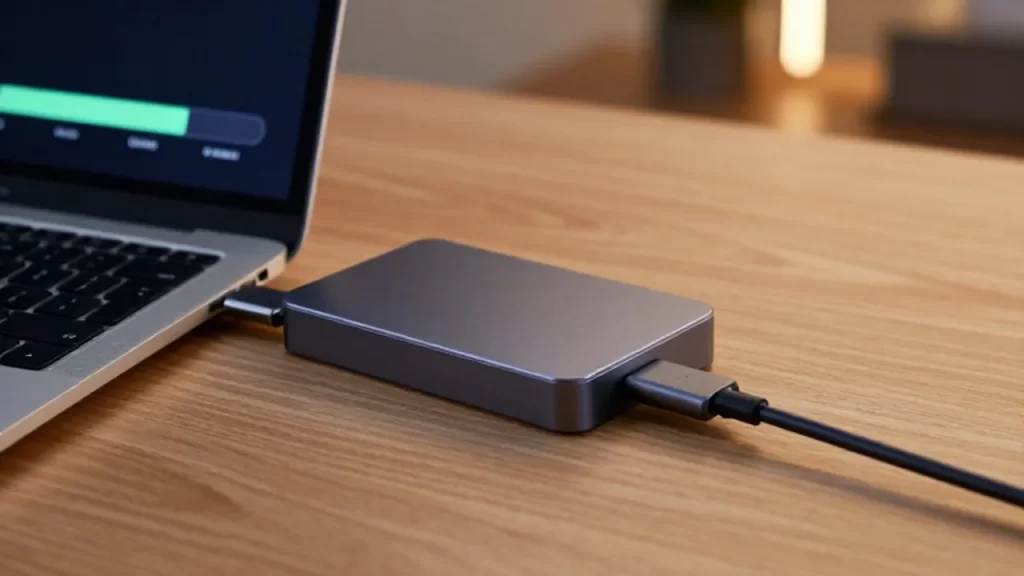 Disco duro externo conectado a un portátil mostrando una barra de sincronización de datos completada.