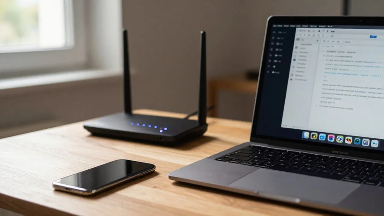 Laptop con un directorio de archivos sobre un escritorio de madera junto a un smartphone.