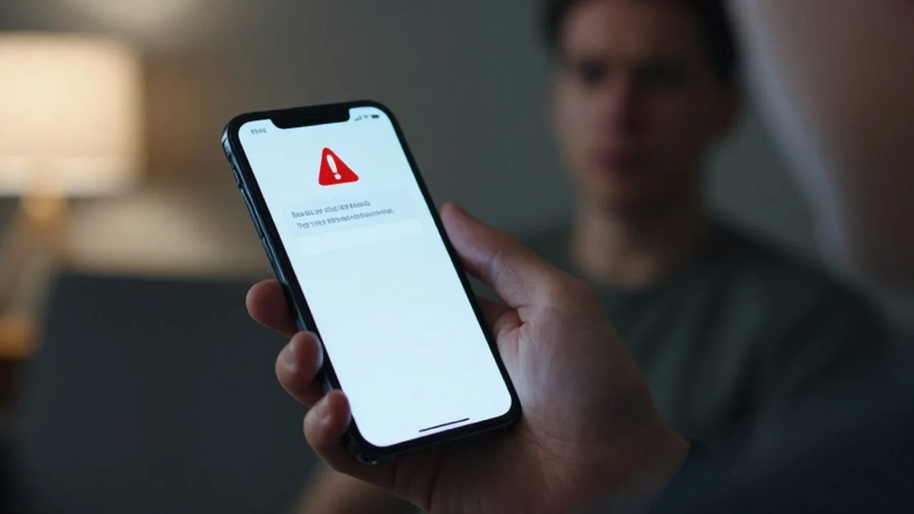 Mano sosteniendo un celular con una notificación de mensaje sospechoso y una señal de advertencia roja.