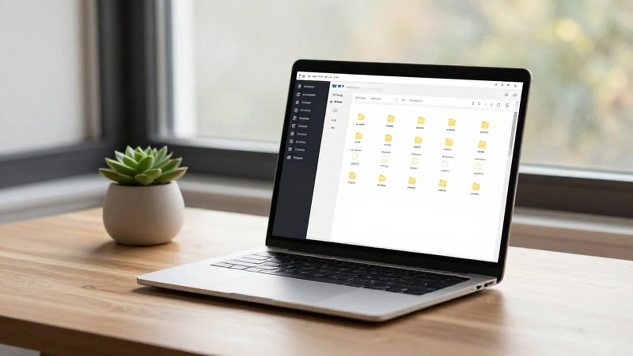 Laptop sobre un escritorio de madera con carpetas organizadas, una planta pequeña y luz natural.