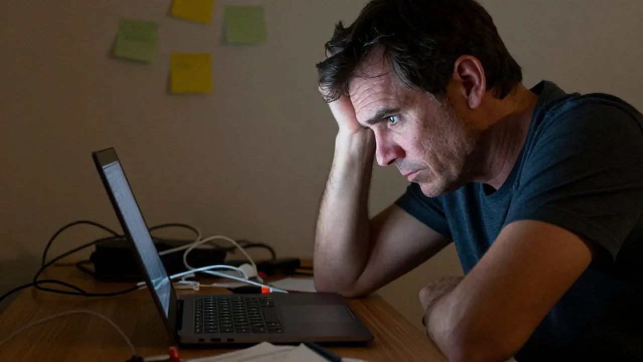 Persona de mediana edad con gesto de frustración frente a su ordenador en un escritorio desordenado.