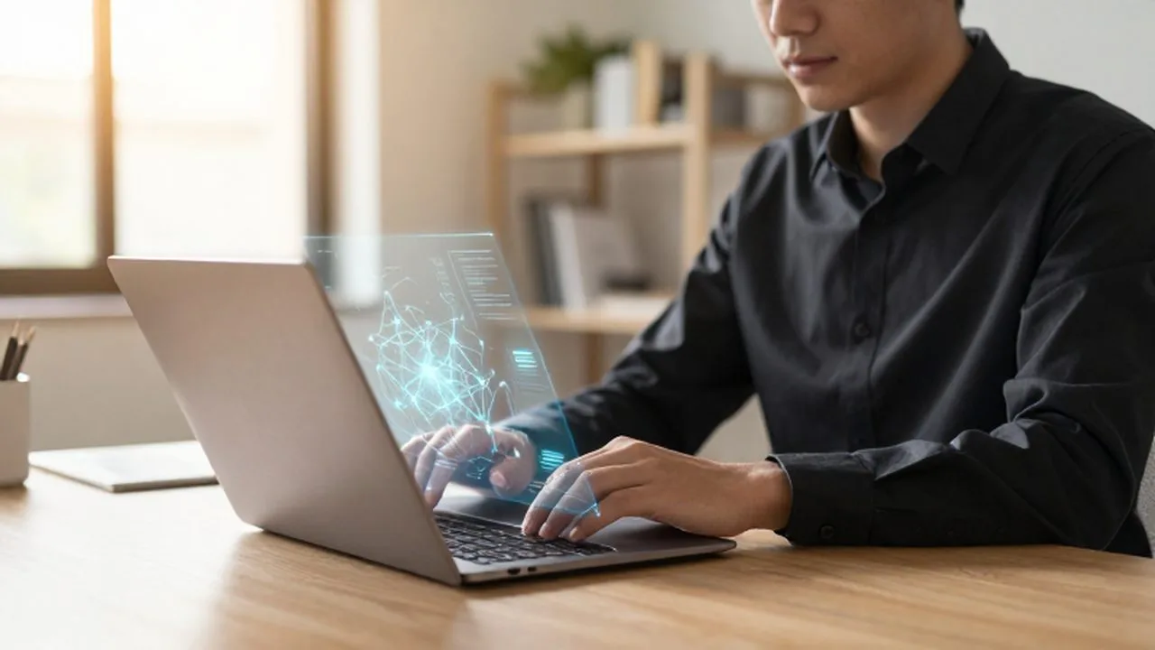 Persona concentrada trabajando con un portátil mientras flotan visualizaciones de datos holográficos sobre el teclado.