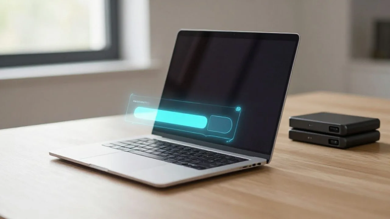 Laptop moderna sobre un escritorio de madera con una barra de progreso holográfica y discos externos.