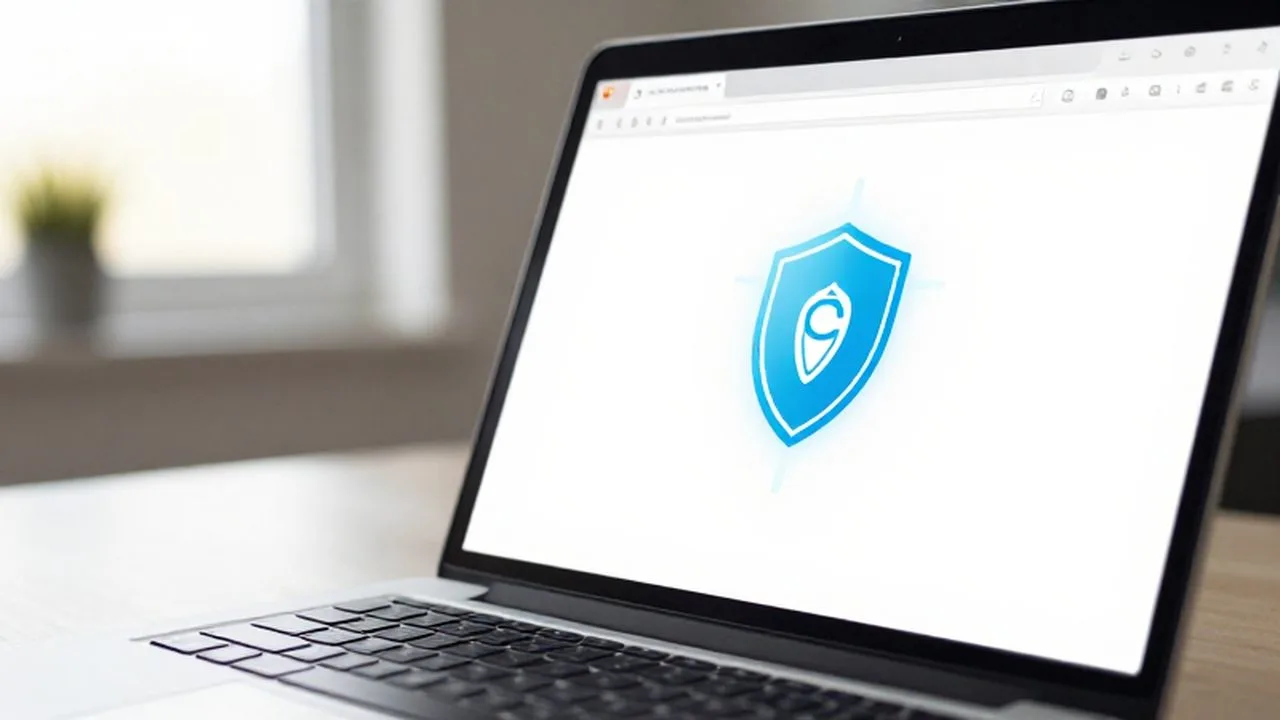 Pantalla de portátil con un icono de escudo digital que indica el bloqueo de anuncios en una oficina iluminada.