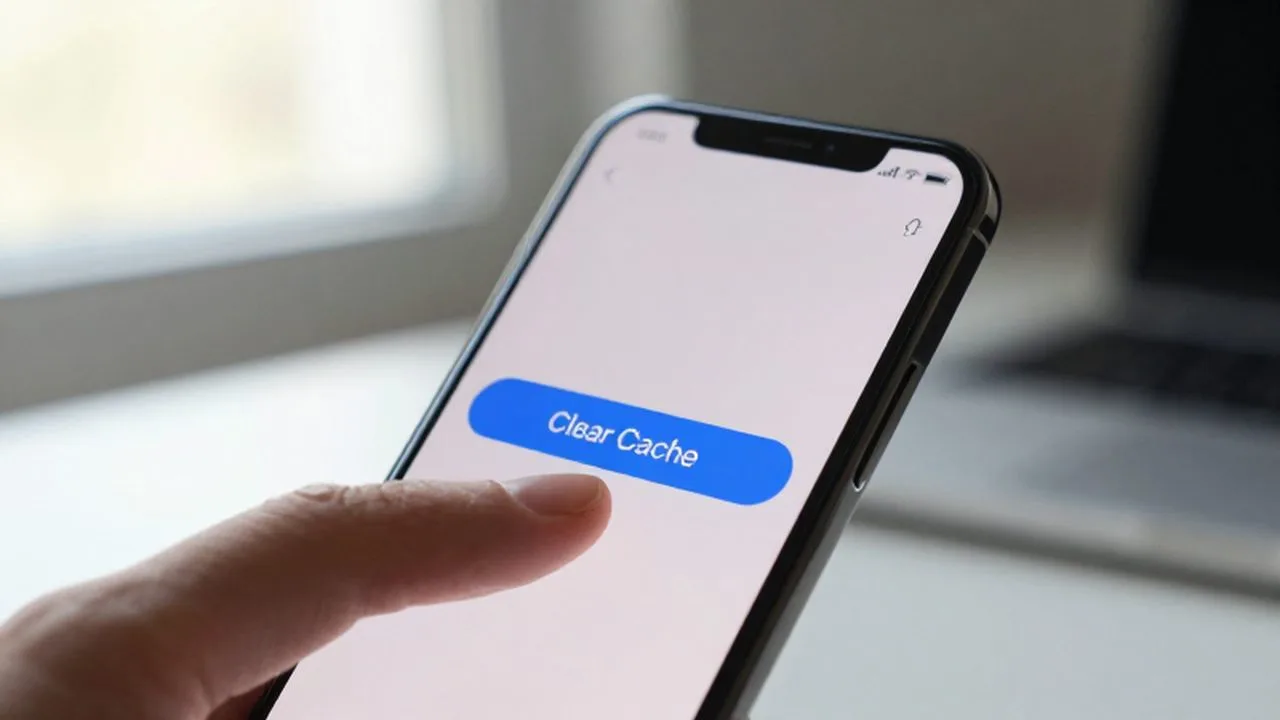 Un dedo a punto de pulsar el botón de borrar caché en la pantalla de un smartphone.