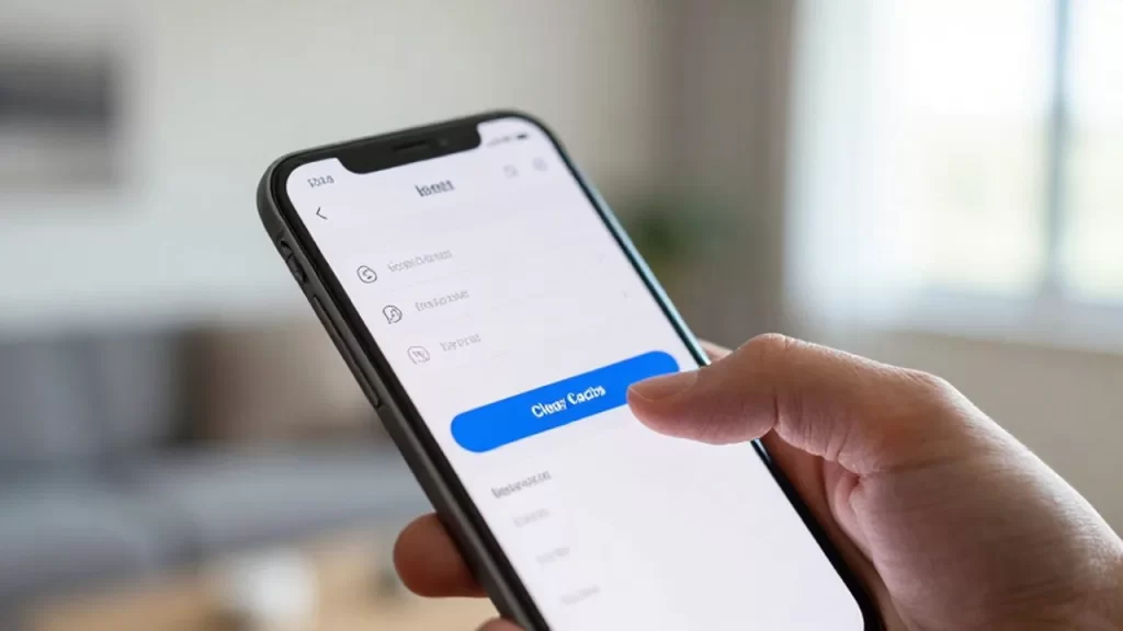 Una mano sostiene un smartphone mostrando un menú de ajustes con la opción de borrar caché.