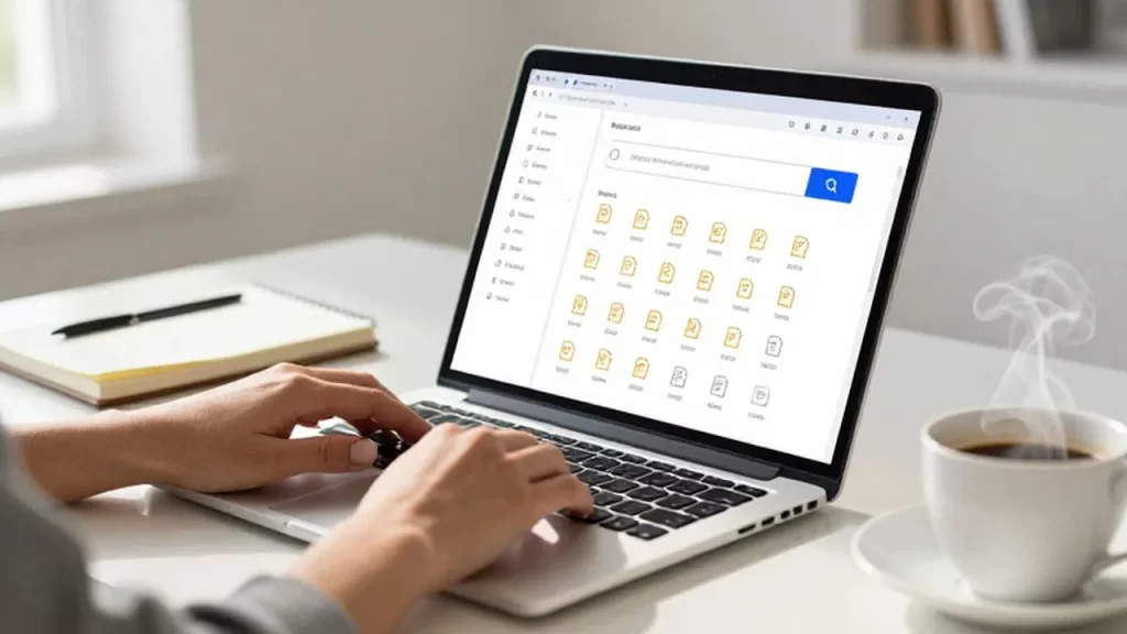 Manos trabajando en un portátil con varios archivos PDF visibles en una pantalla iluminada.