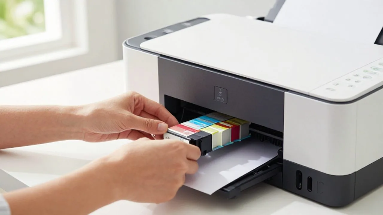 Manos instalando un cartucho de tinta de colores en una impresora de escritorio.