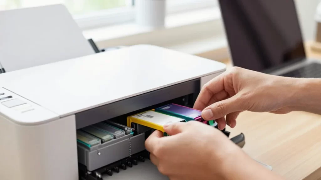 Manos instalando cuidadosamente un cartucho de tinta de colores en una impresora doméstica.