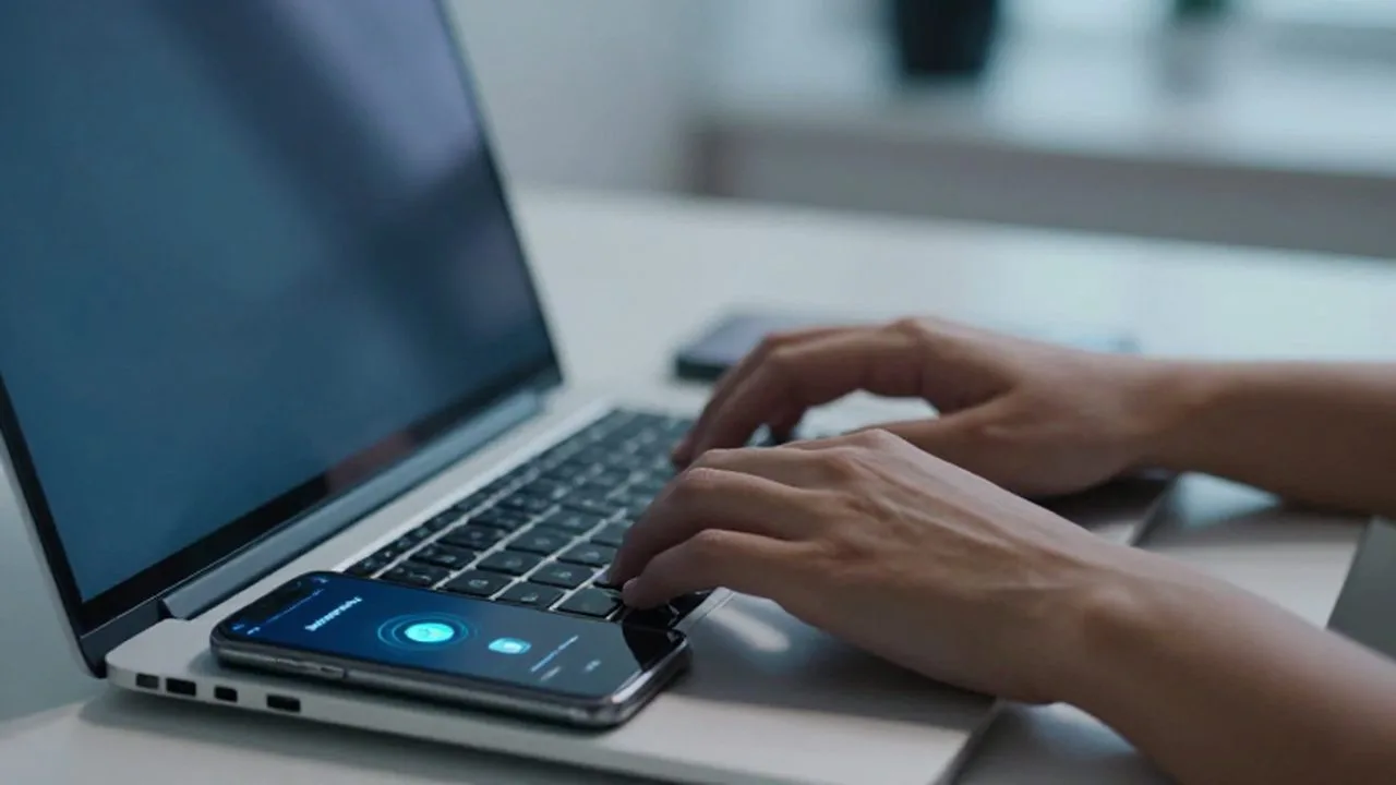 Manos tecleando en un portátil junto a un smartphone con una pantalla de autenticación biométrica.