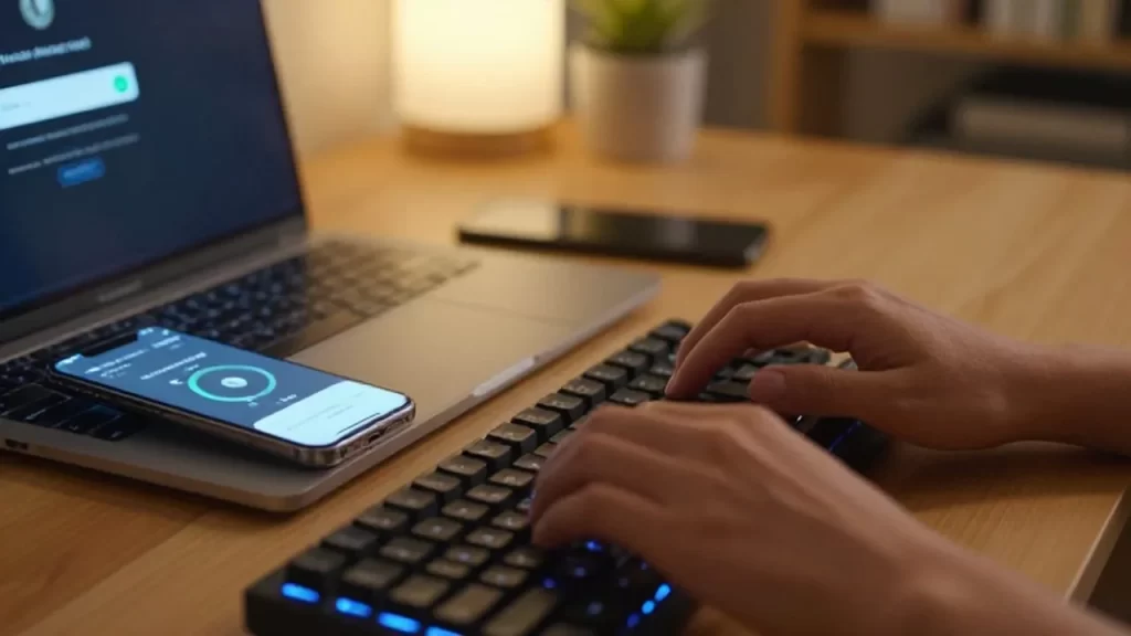 Manos tecleando en un teclado mecánico junto a un móvil y una pantalla de actualización de contraseña.