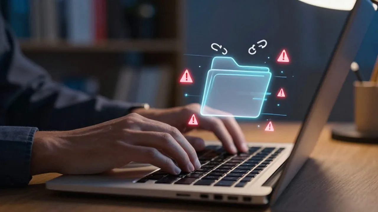 Manos tecleando en un portátil con un icono de carpeta digital mostrando alertas de error.