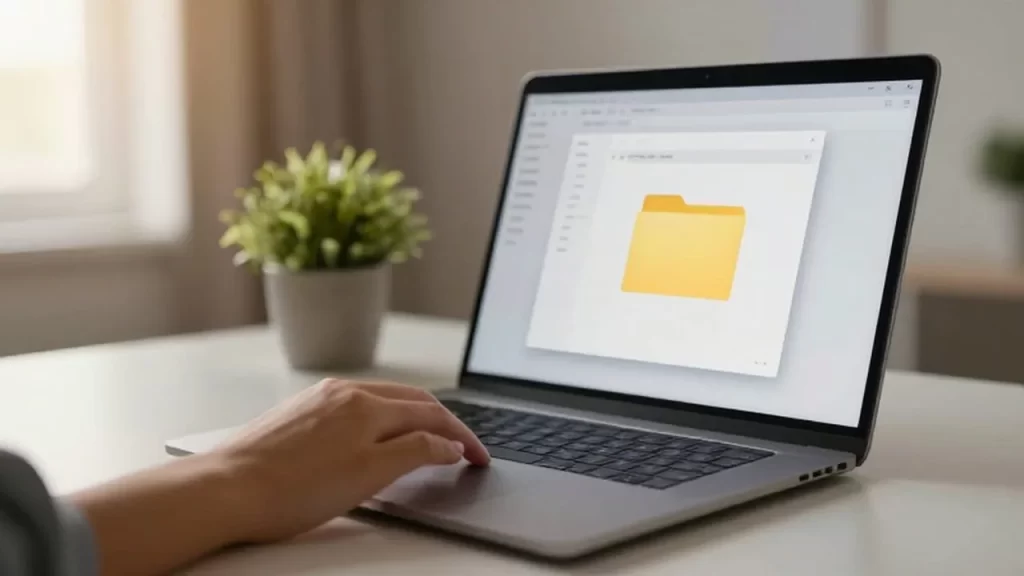 Mano tocando el trackpad de un portátil que muestra una carpeta seleccionada en un escritorio luminoso.