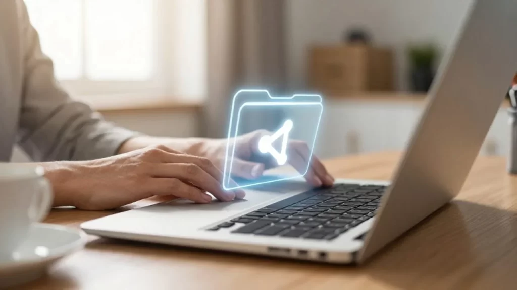 Manos usando una computadora portátil en un escritorio iluminado por el sol con un icono digital de una carpeta compartida.