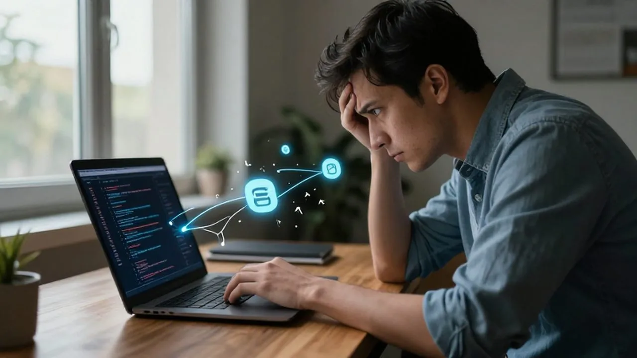 Trabajador frustrado frente a una laptop con mensajes de error y conexiones digitales rotas.
