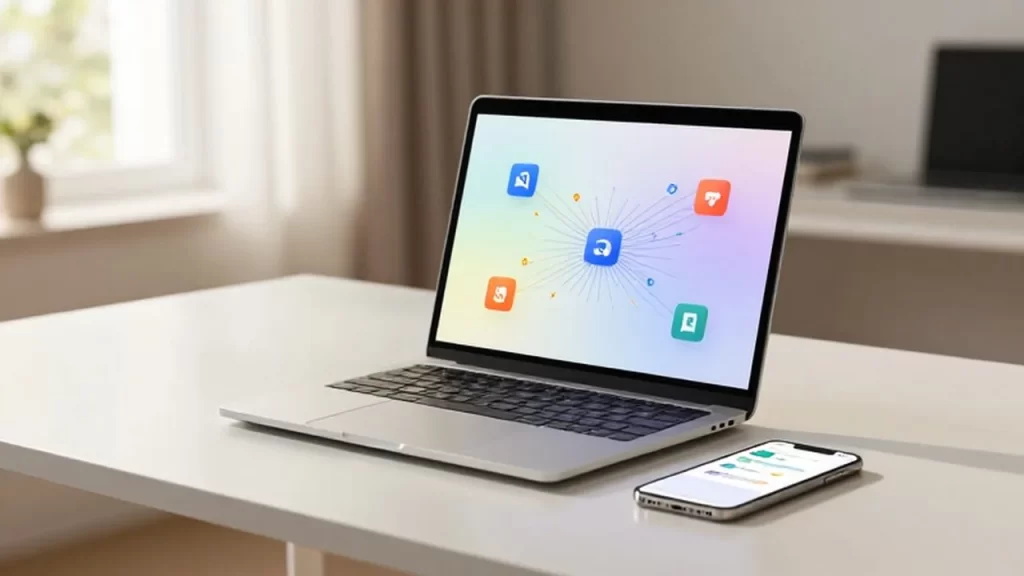 Laptop con un diagrama de aplicaciones interconectadas junto a un smartphone en un escritorio iluminado.
