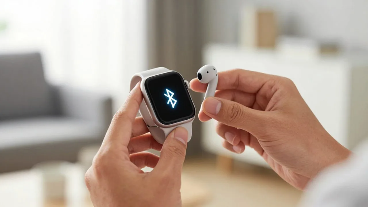 Manos sosteniendo un reloj inteligente con interfaz de conexión junto a unos auriculares inalámbricos.