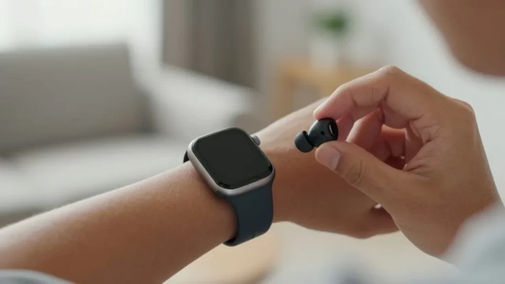 Persona emparejando unos auriculares inalámbricos con un reloj inteligente en un ambiente hogareño.