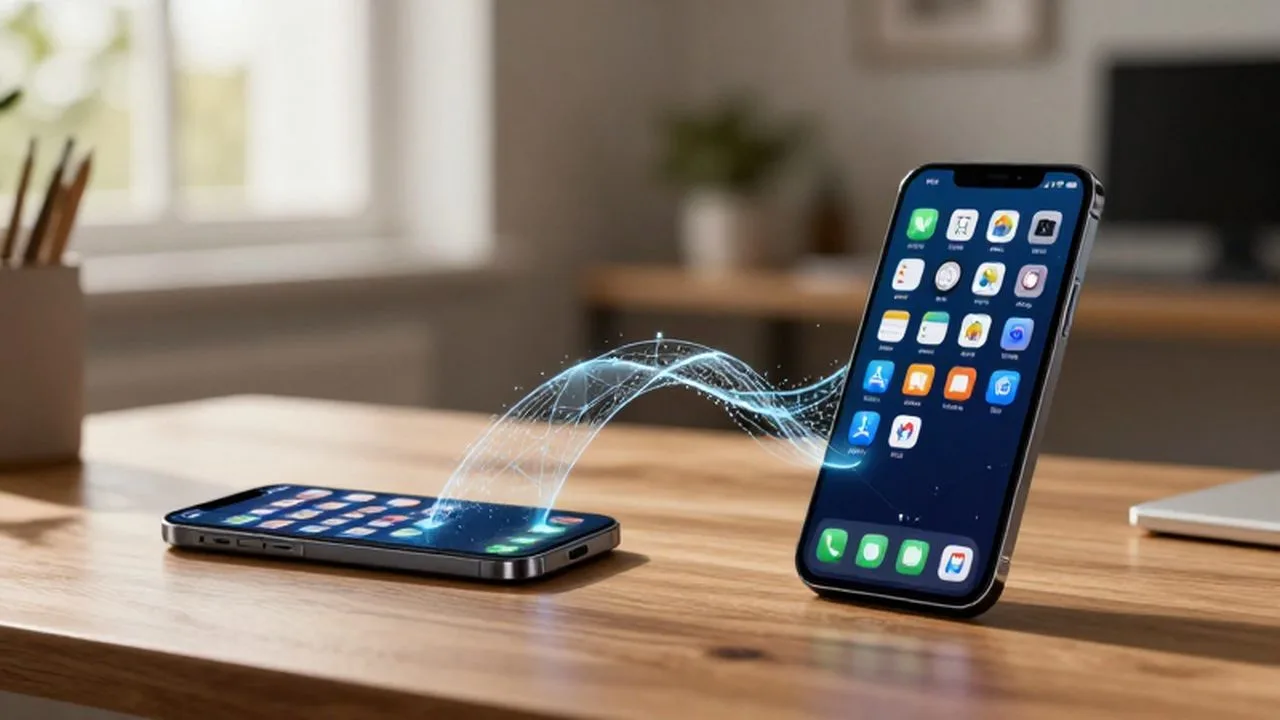 Dos teléfonos inteligentes sobre un escritorio de madera conectados por un flujo de datos digitales.