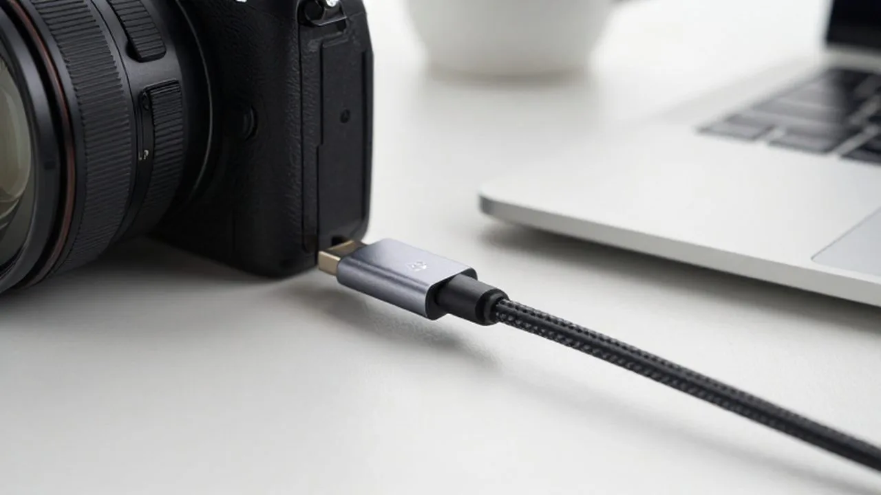 Cable USB-C conectando una cámara digital a un portátil sobre un escritorio luminoso.
