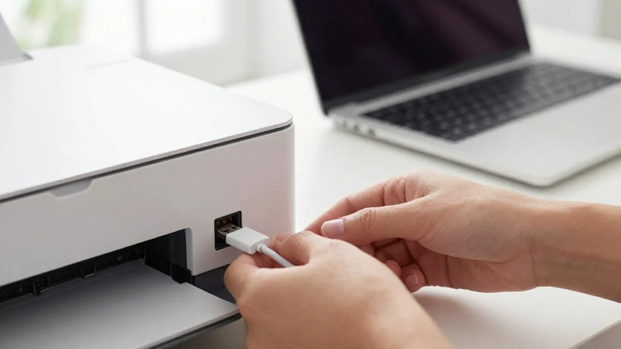 Manos conectando un cable USB blanco en el puerto de una impresora moderna.