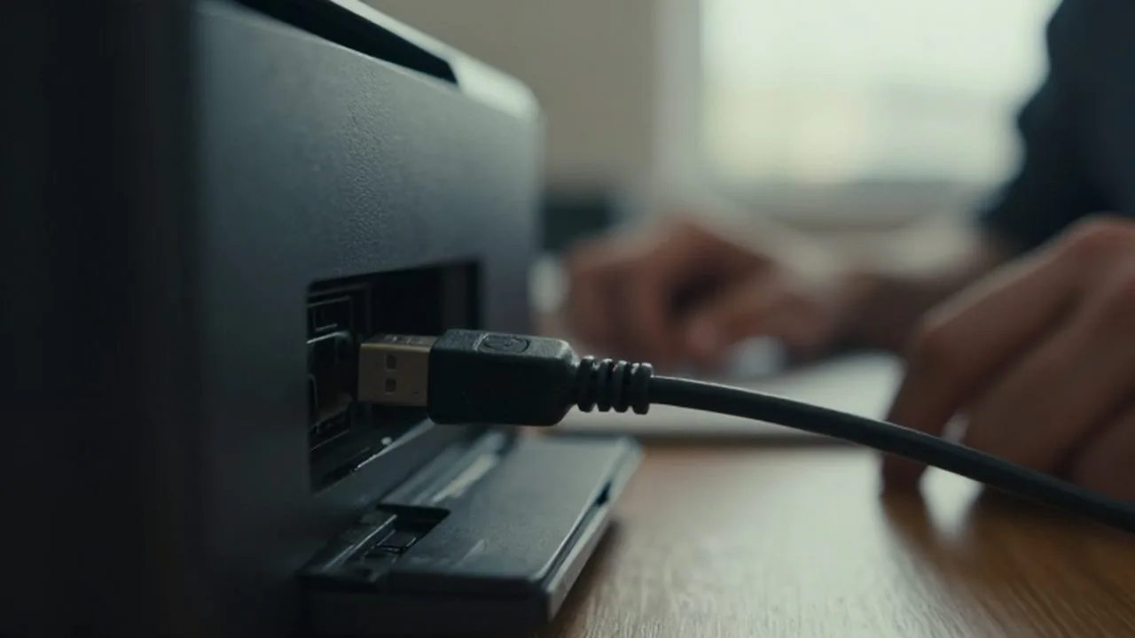 Cable USB desgastado intentando conectarse a un puerto de impresora en un escritorio desordenado.