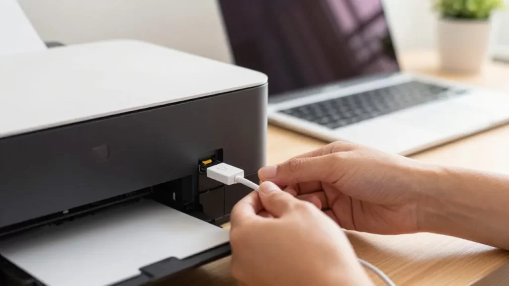 Manos conectando un cable USB blanco al puerto de una impresora sobre un escritorio de madera.