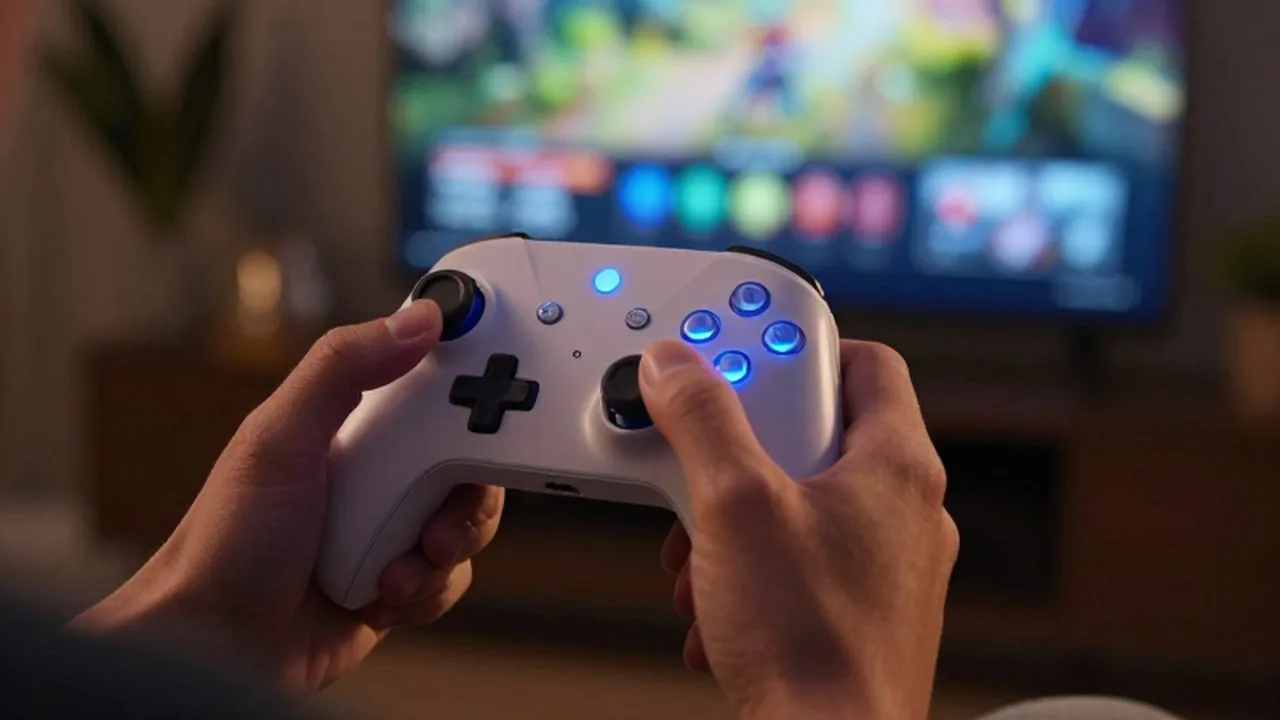 Manos sosteniendo un mando inalámbrico con luces azules frente a un televisor en una sala tenue.
