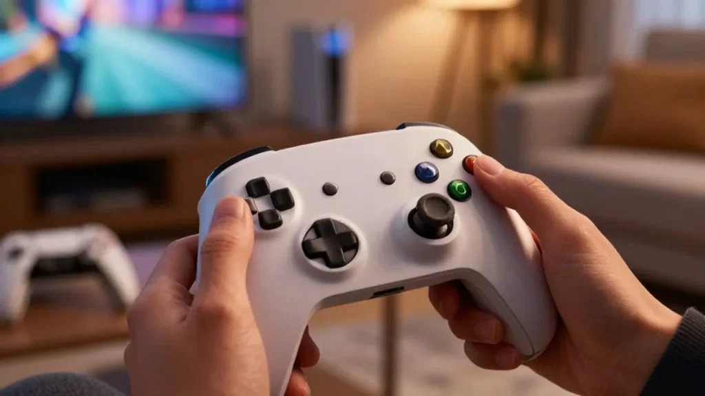 Manos sosteniendo un mando inalámbrico moderno frente a un televisor en una sala de estar acogedora.