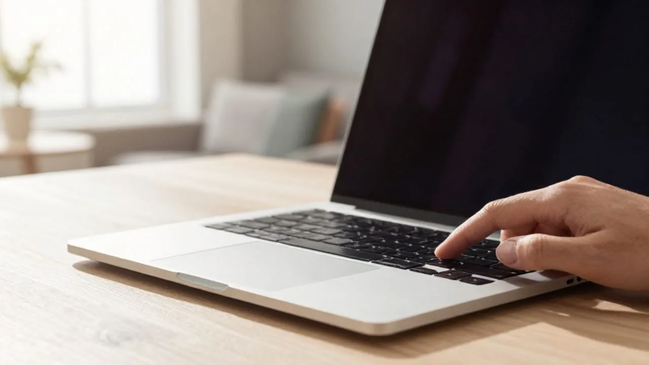 Un dedo pulsa el icono de Wi-Fi en la pantalla de un MacBook Pro sobre un escritorio de madera.