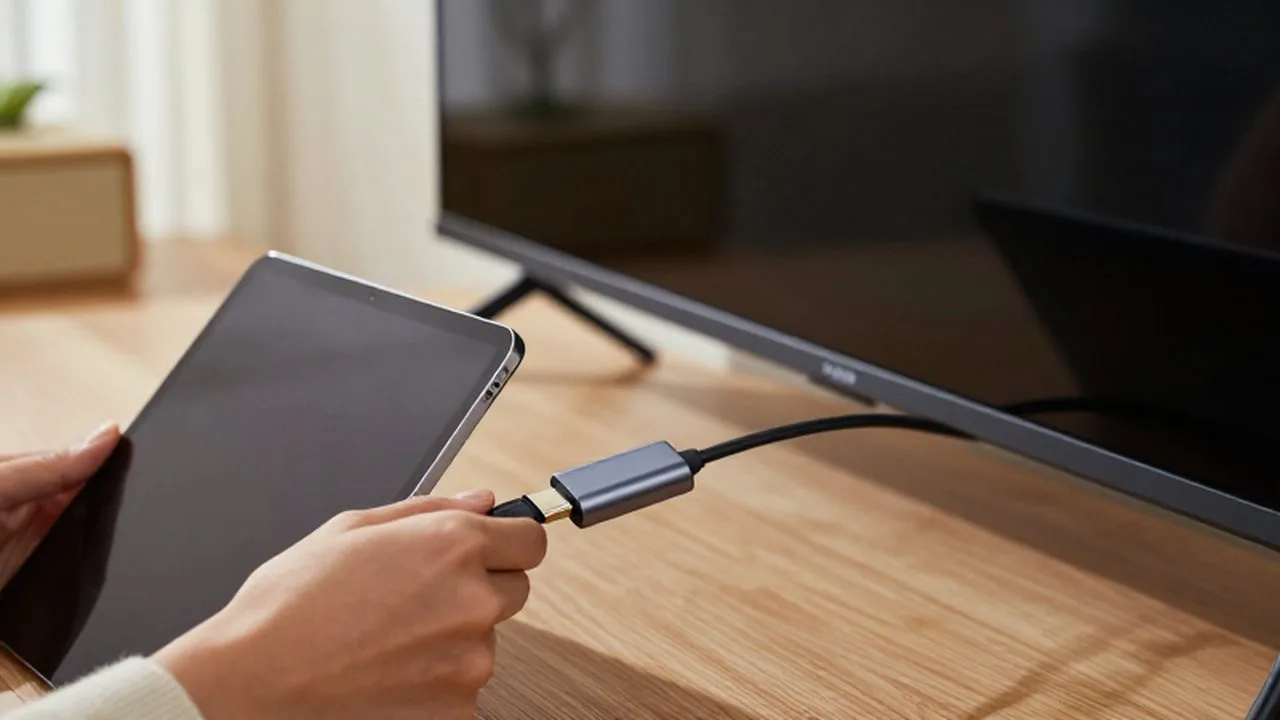Manos conectando un adaptador USB-C a una tableta para transmitir contenido a un televisor.
