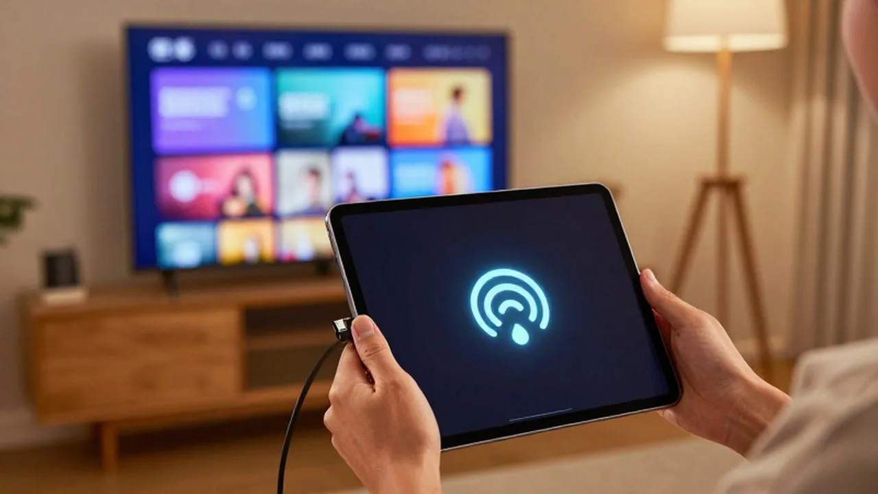 Manos sosteniendo una tableta frente a un televisor inteligente en una sala de estar acogedora.