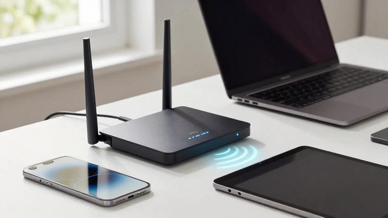 Router de alta tecnología con luces azules sobre un escritorio ordenado junto a un portátil y un smartphone.