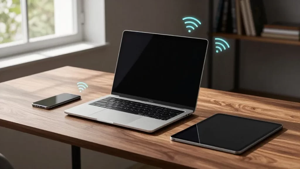 Portátil plateado sobre un escritorio de madera de nogal junto a un smartphone y una tablet.