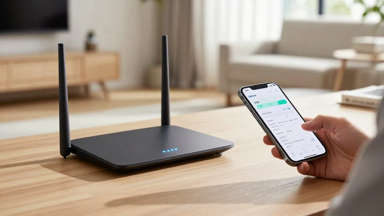 Mano sosteniendo un smartphone para configurar un router moderno sobre un escritorio de madera.