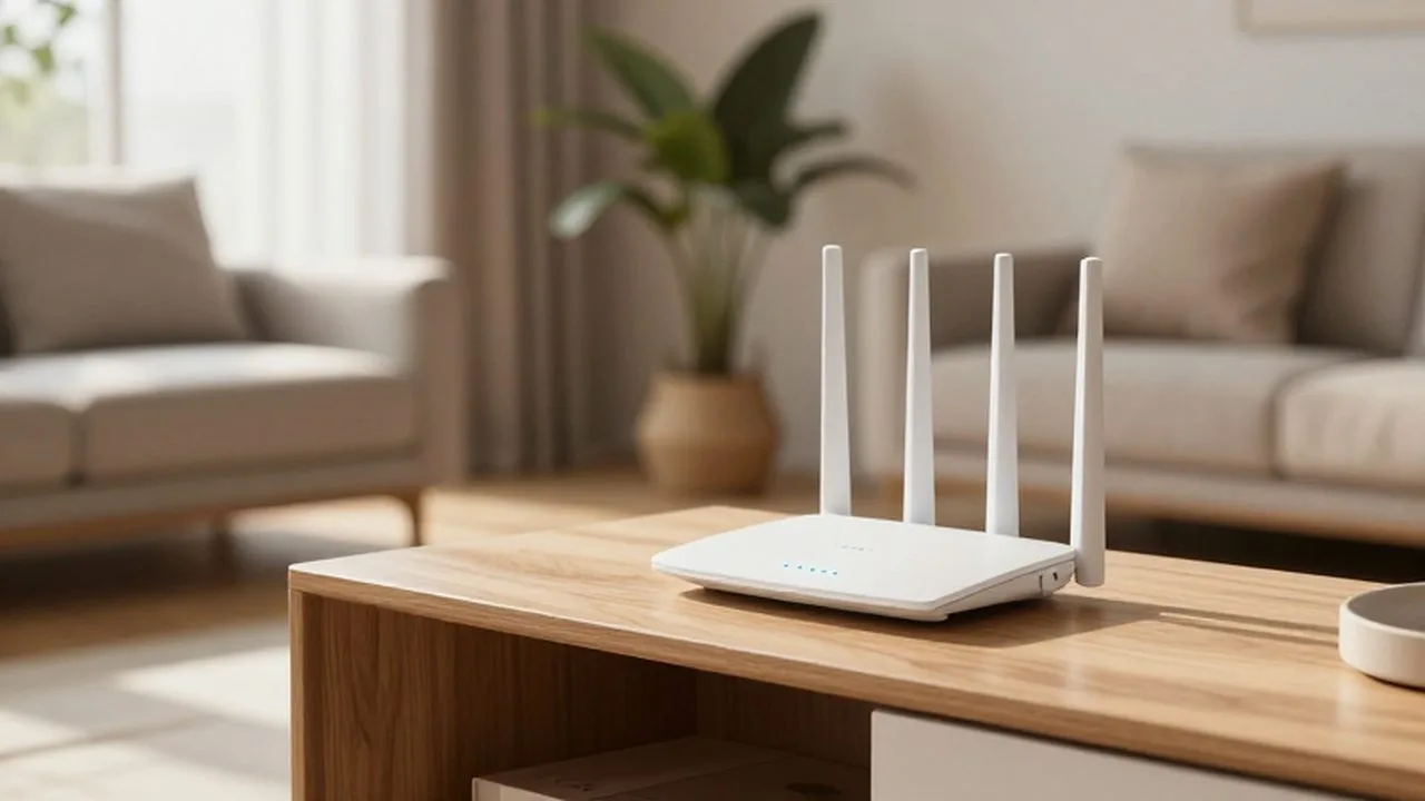 Router inalámbrico blanco con luces azules sobre una mesa de madera en un salón luminoso.