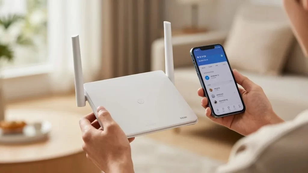 Manos sosteniendo un router moderno con un smartphone mostrando la interfaz de configuración al fondo.