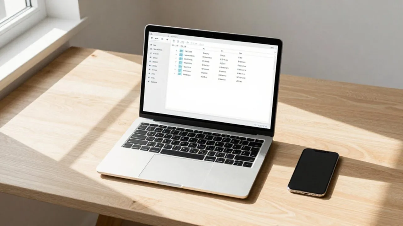 Escritorio de madera minimalista con un ordenador portátil mostrando archivos ordenados y un smartphone bajo la luz solar matutina.