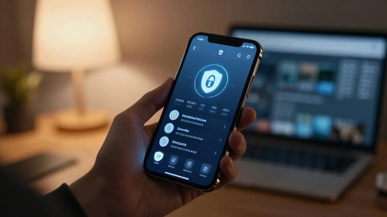 Persona sosteniendo un smartphone que muestra una aplicación de gestión de contraseñas con iconos de seguridad.