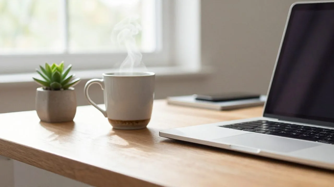 Escritorio de madera con un portátil, una taza humeante y una pequeña planta bajo la luz del sol.