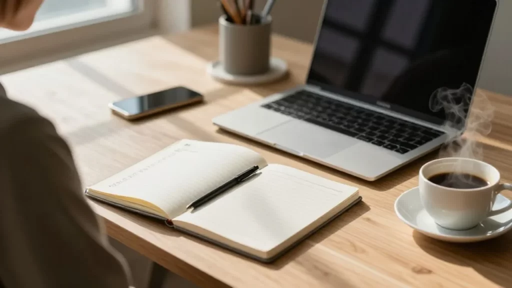 Escritorio minimalista con un portátil