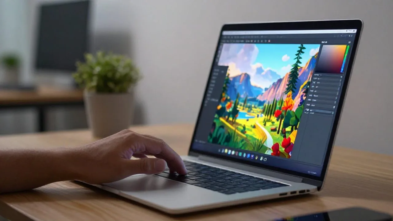 Mano interactuando con un paisaje digital vibrante en la pantalla de un portátil en un despacho moderno.