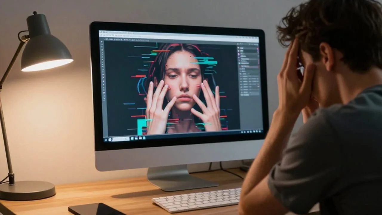 Persona frustrada frente a un monitor que muestra un retrato generado por inteligencia artificial con errores visuales.