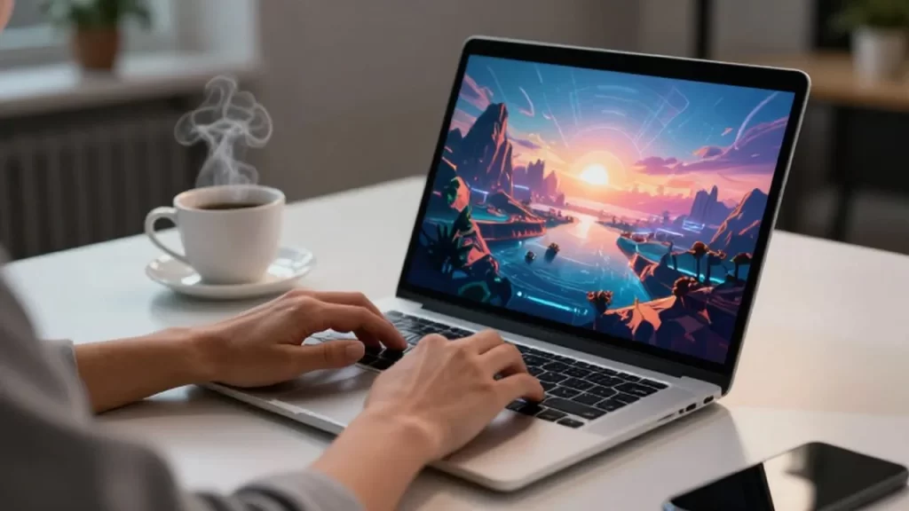 Manos escribiendo en un portátil que muestra un paisaje digital futurista junto a un café.