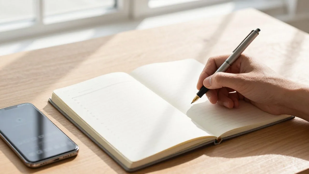 Una mano con una pluma estilográfica escribe una lista de tareas en un cuaderno sobre un escritorio de madera.