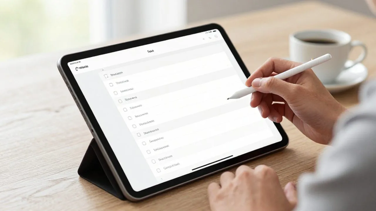 Persona organizando una lista de tareas digitales en una tableta sobre un escritorio despejado.