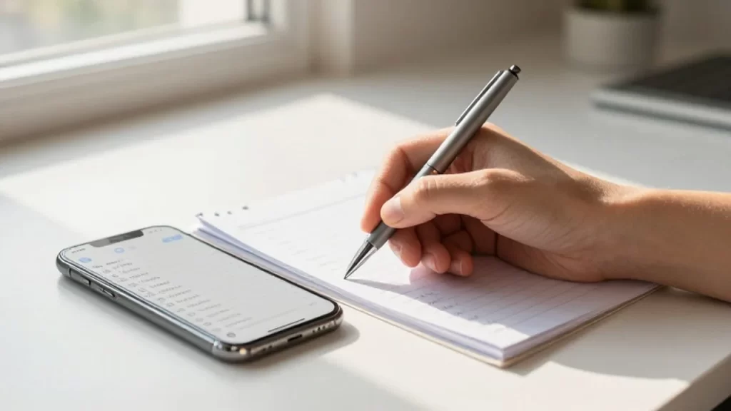 Mano con un bolígrafo a punto de marcar una tarea en un planificador junto a un smartphone.
