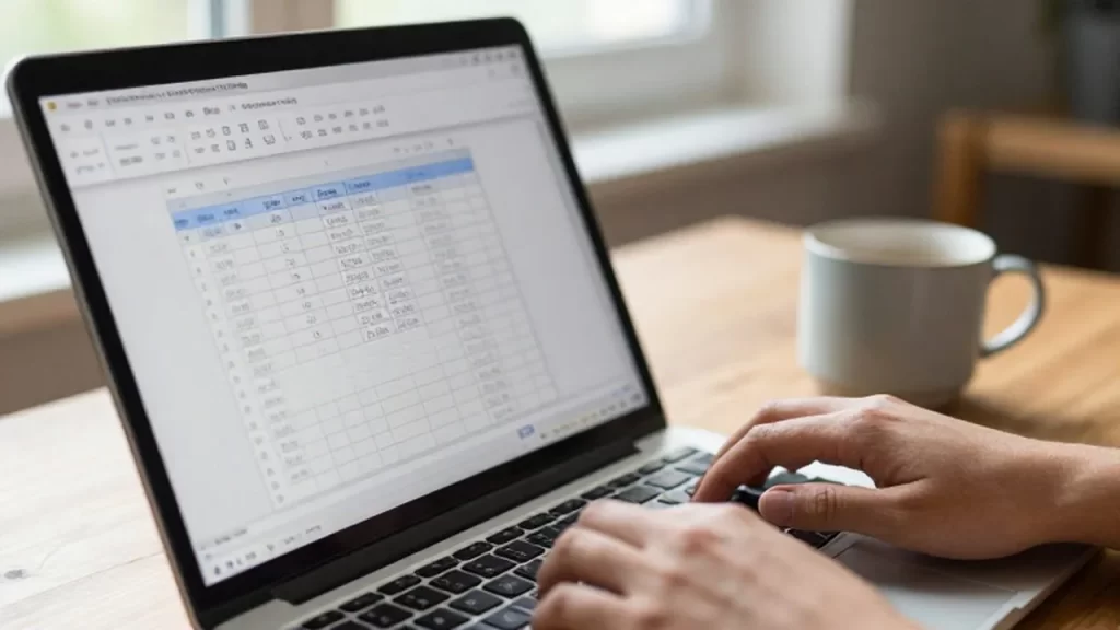 Manos de una persona trabajando en un documento de Word en una laptop durante la mañana.