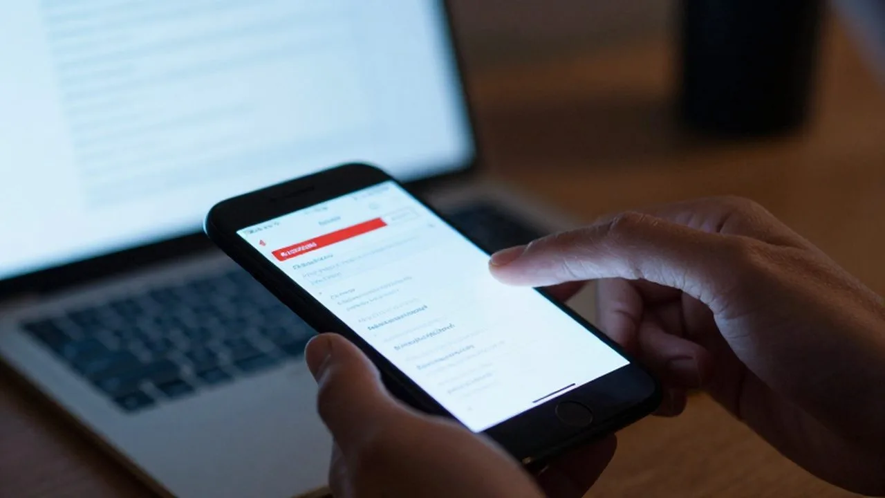 Un dedo a punto de tocar un correo electrónico sospechoso con alertas rojas en un smartphone.
